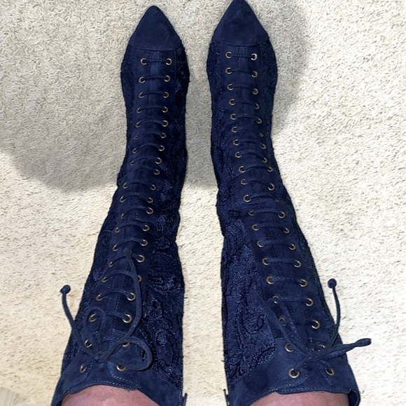 Anika Navy Blue Suede and Lace Stiletto Boots Lace Up Front Detail Side Full Zip - Picture 8 of 14